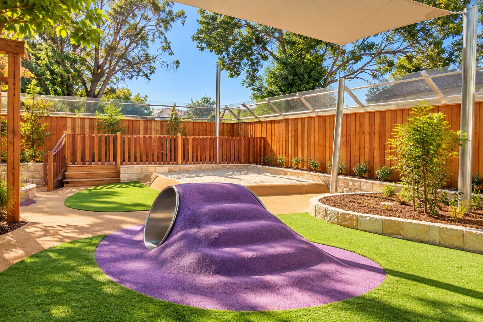 Outdoor playspace with a purple climbing mound and stainless steel tunnel, a sandpit, garden beds, a raised timber deck and an overhead shade sail